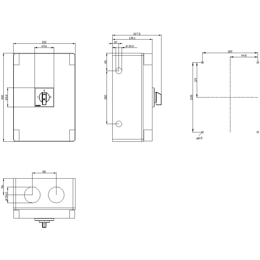 Technische tekening van een rechthoekig apparaat met afmetingen voor lengte, breedte en hoogte. Toont voor-, zij- en bovenaanzicht.