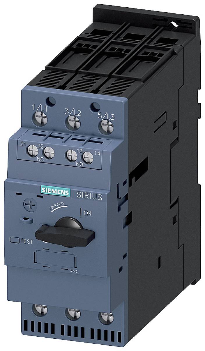 Elektrische motorbeveiligingsschakelaar van Siemens uit de Sirius-serie met draaiknop en testknop, geschikt voor industriële toepassingen.