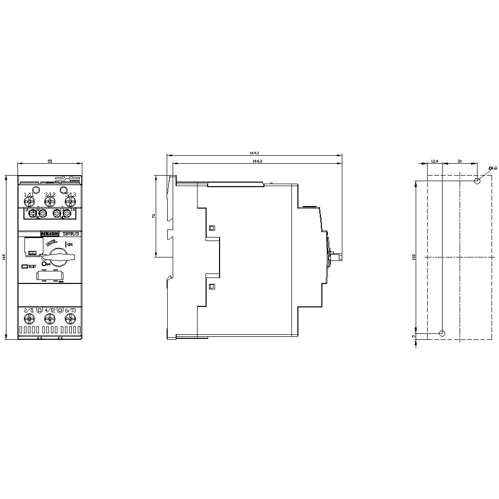 Technische tekening van een elektrisch schakeltoestel met afmetingen en aansluitingsdetails. Links: vooraanzicht; Midden: zijaanzicht; Rechts: bovenaanzicht.