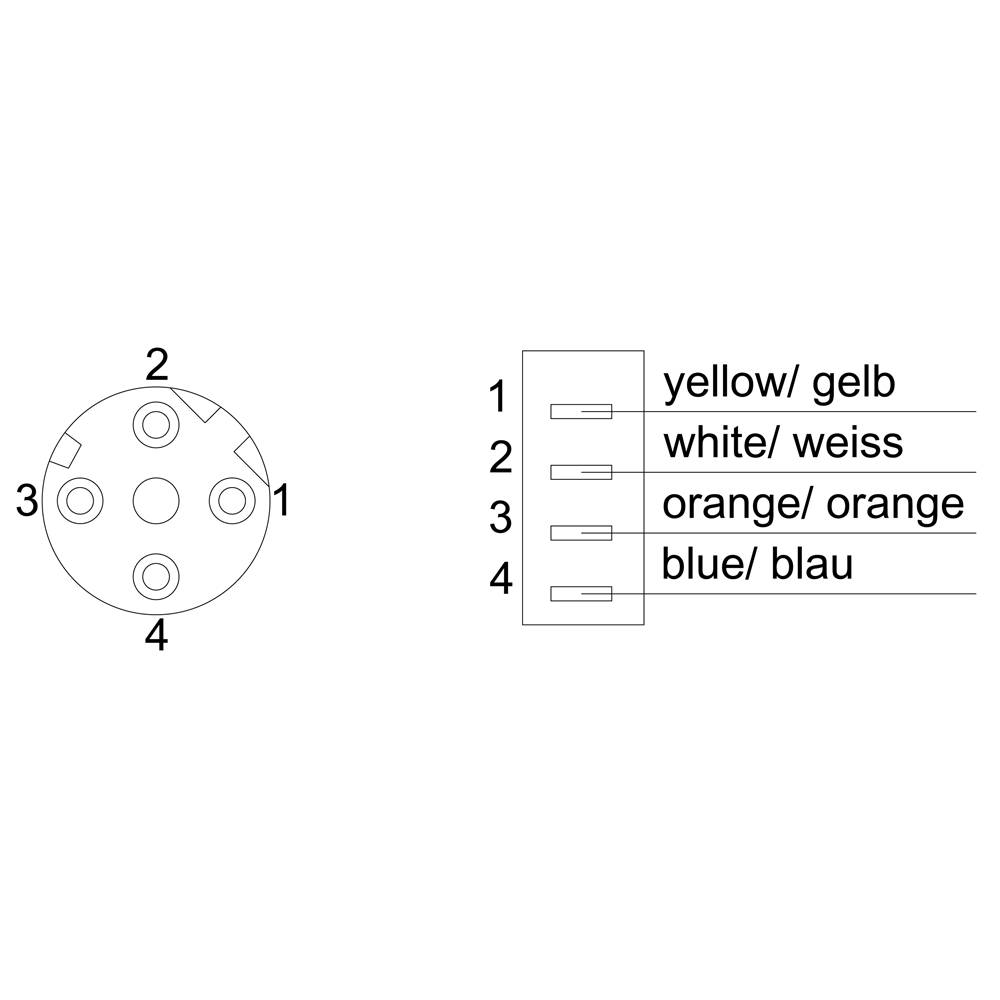 Aansluitdiagram van een connector met vier pinnen, genummerd 1 tot 4. Kleurentoewijzing: 1-geel, 2-wit, 3-oranje, 4-blauw.
