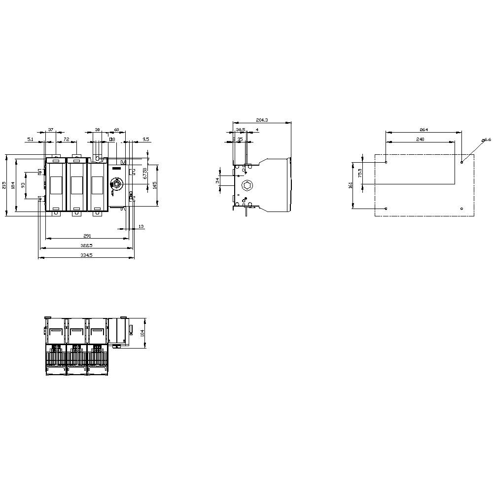 Technische tekening van een mechanisch onderdeel met afmetingen in millimeters. Toont verschillende aanzichten en specifieke metingen.
