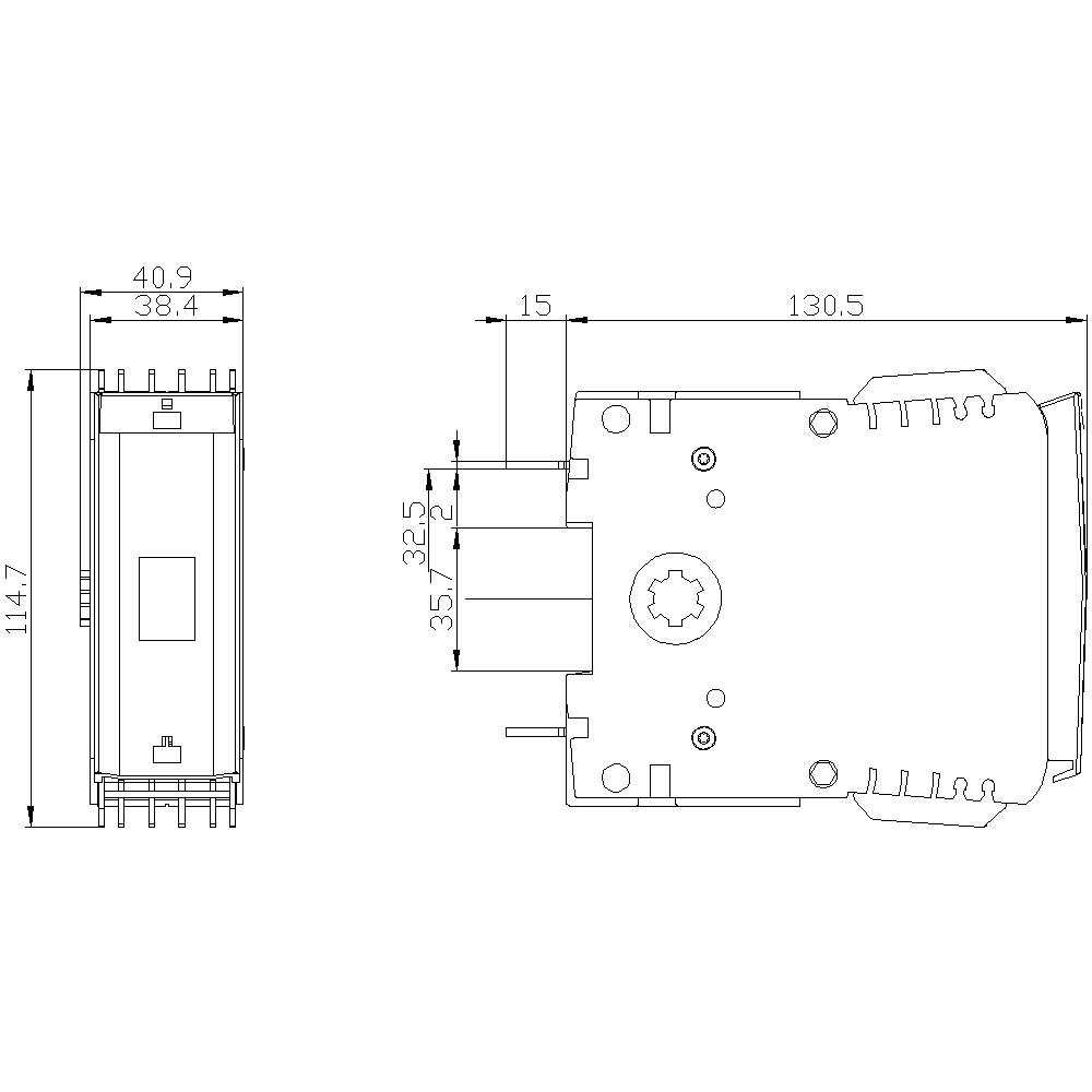 'Technische Zeichnung eines rechteckigen elektrischen Bauteils mit Abmessungen: Breite 40,9 mm, Höhe 114,7 mm, Tiefe 130,5 mm.'<br><br>(Note: The text is already in German, so no translation is needed.)