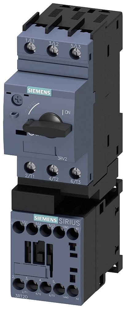 De Siemens-schakelaar Sirius wordt weergegeven, een elektrisch onderdeel voor besturing en beveiliging in schakelkasten.