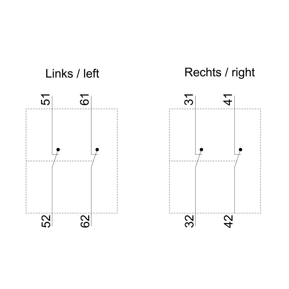 'Links/links': Nummers 51-52, 61-62 verbonden. 'Rechts/rechts': Nummers 31-32, 41-42 verbonden. Diagram ter aanduiding van verbindingen.