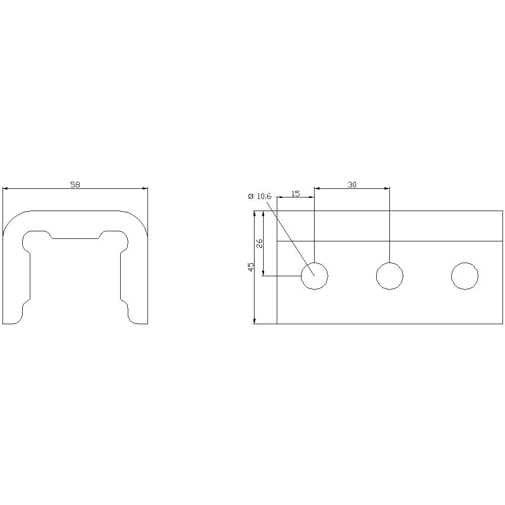 Technische tekening: Aanzicht van een rechthoekig onderdeel met drie geboorde gaten. Hoofdafmetingen: breedte 58 mm, gatdiameter 10,6 mm.