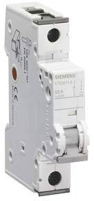 Siemens stroomonderbreker met opschrift '63A'. Gebruikt voor elektrische beveiliging in huishoudelijke of industriële installaties.