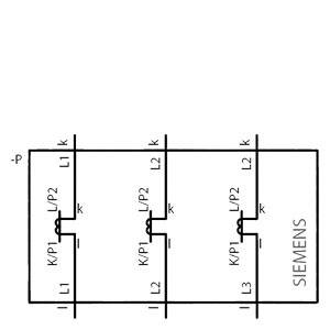 Schakelschema van een elektrisch systeem met drie identieke schakelingen, elk met twee condensatoren (K/P1, K/P2) en een leiding (L1, L2, L3), Siemens-logo rechts.
