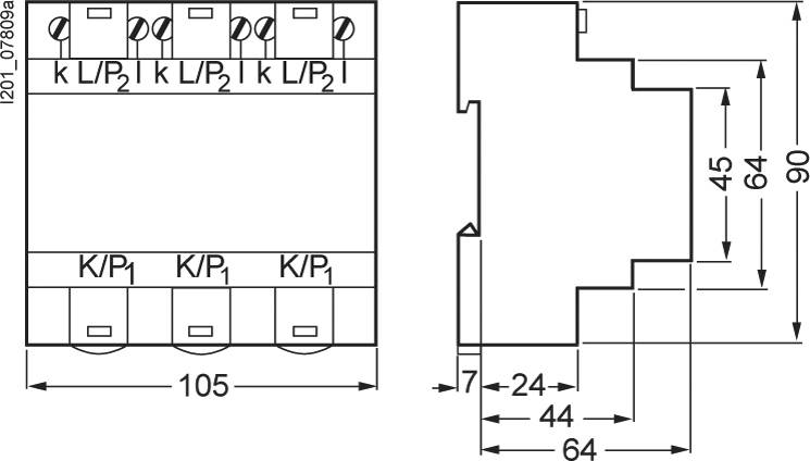 'Elektrische installatie schakelschema' toont een relaismodule met afmetingen: breedte 105 mm, diepte 64 mm, hoogte 90 mm. Zijaanzicht rechts.