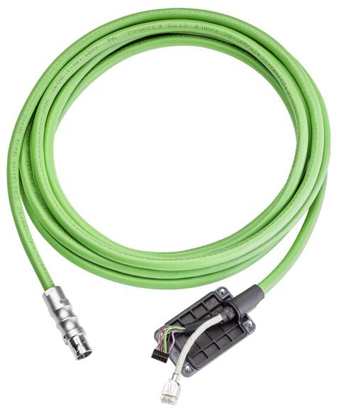 'Een groene industriële kabel met metalen connectoren aan beide uiteinden, geschikt voor elektrische of gegevensoverdrachtstoepassingen.'