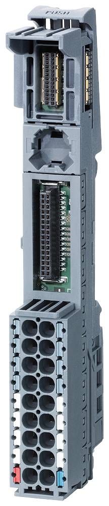 Grijs elektronisch module met meerdere aansluitingen aan de boven- en onderzijde, veelal gebruikt in industriële automatiseringssystemen.