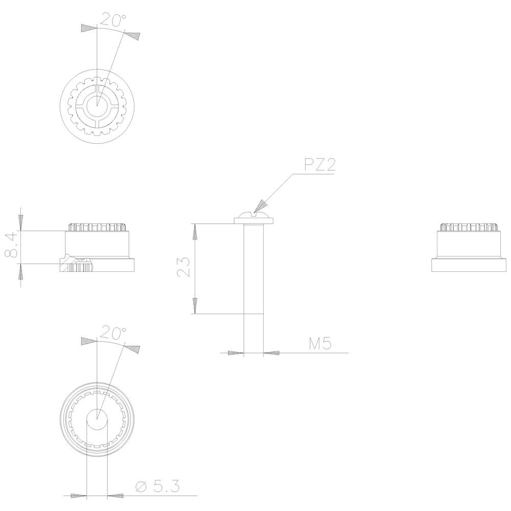 Technische tekening van een schroefkop in meerdere aanzichten, inclusief afmetingen en perspectieven. Opschrift 'PZ2' geeft het aandrijftype aan.