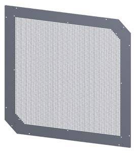 Metalen rooster met rechthoekig frame en afgeschuinde randen, geschikt als beschermende afdekking voor ventilatieopeningen of machines.