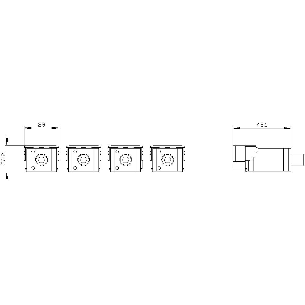 Technische tekening van een vierkant onderdeel met afmetingen 29 x 22, zijaanzicht toont een diepte van 48,1. Serieweergave van vier onderdelen.