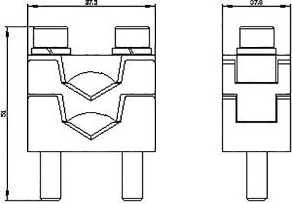 Technische tekening van een elektronisch onderdeel met afmetingen. Vooraanzicht en bovenaanzicht. Maatvoering en geometrische vormen zichtbaar.