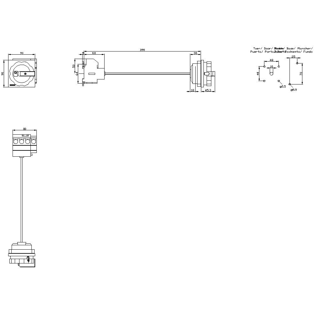 Een technische tekening met meerdere aanzichten van een onderdeel, inclusief voor-, zij- en vooraanzicht met maatvoering in millimeters.
