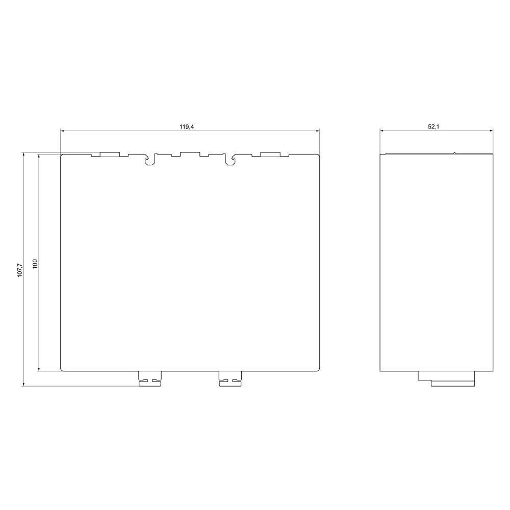 Technische tekening met de afmetingen van een rechthoekig object: breedte 119,4 mm, hoogte 100 mm, diepte 63,1 mm.