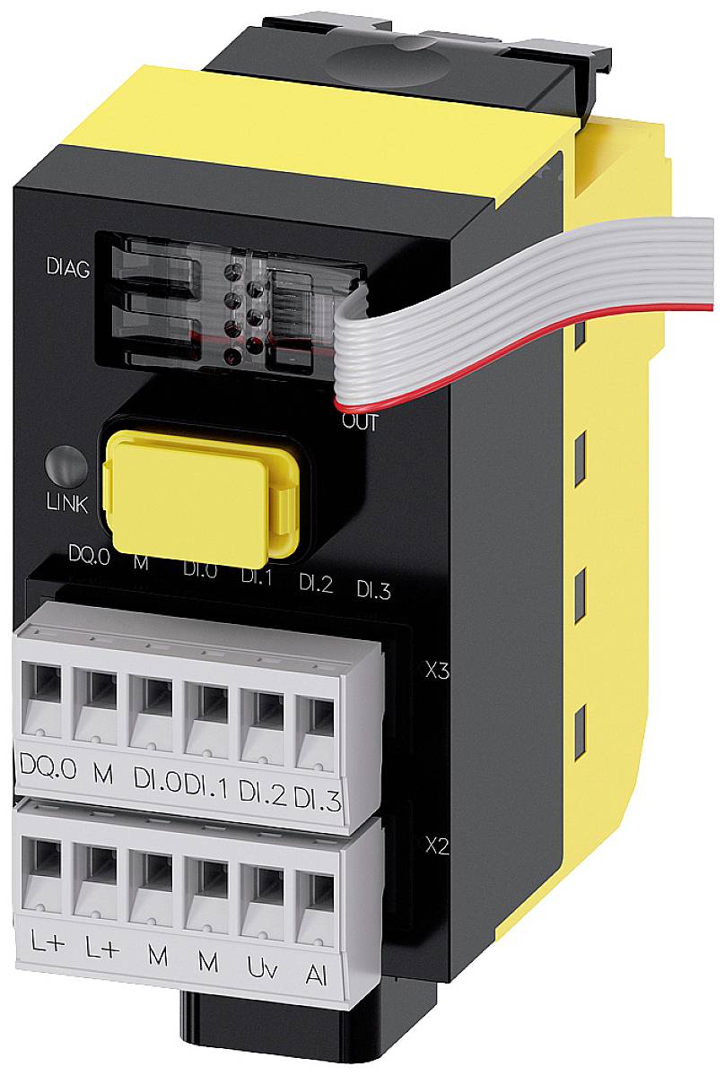 Een geel elektronisch module met meerdere aansluitklemmen en een datakabel. Bovenste gedeelte toont LED's en een gele knop.