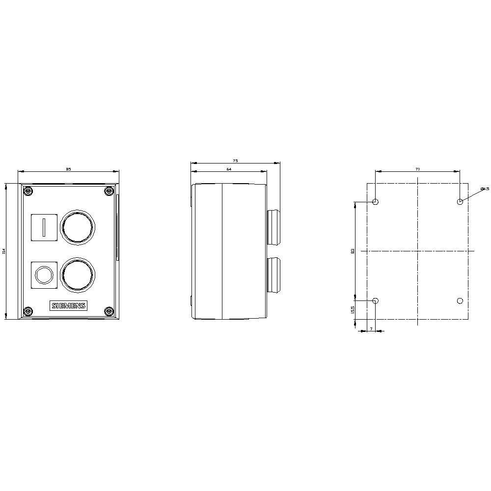 Technische tekening van een rechthoekig apparaat met twee ronde en één vierkant element aan de voorkant, zij- en achteraanzicht met afmetingen.