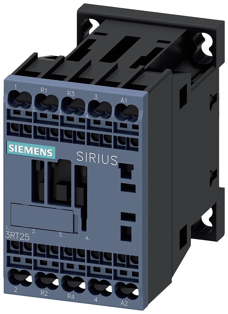 Een elektrische magneetschakelaar van het merk Siemens uit de SIRIUS-serie, modelnummer 3RT25, met meerdere aansluitklemmen boven en onder.