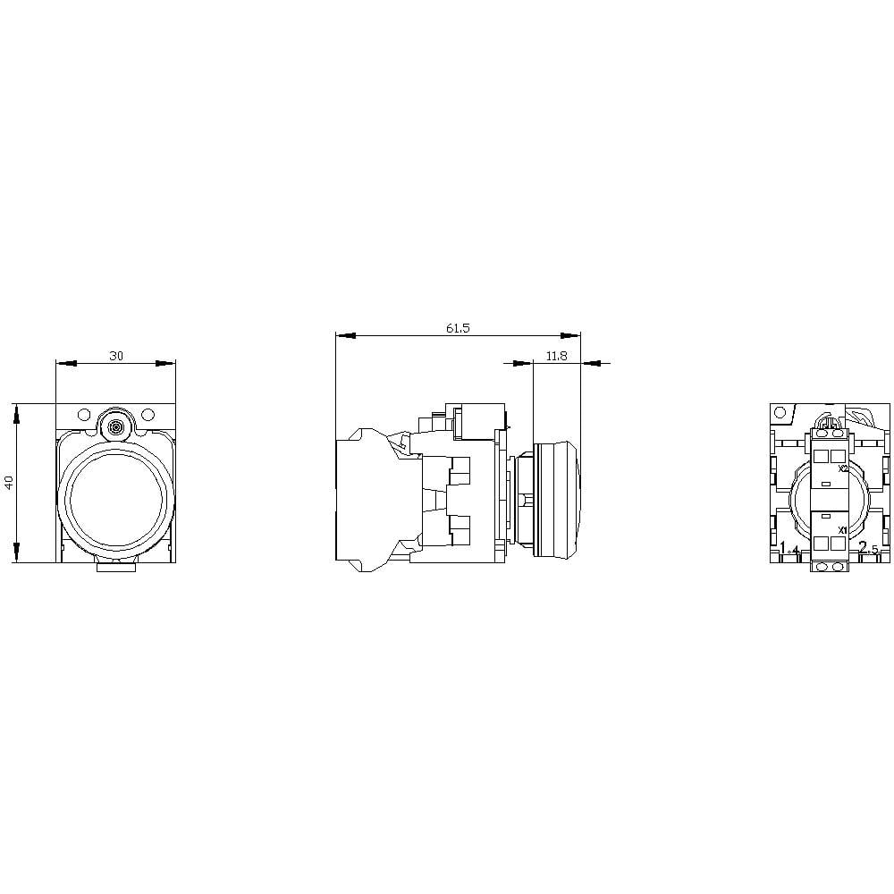 Technische tekening van een ronde schakelaar met afmetingen: breedte 30 mm, diepte 61,5 mm, hoogte 40 mm, inclusief zij-detailaanzicht.