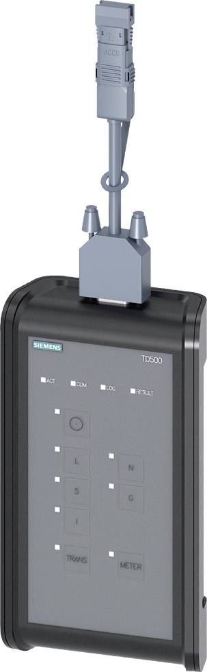 Een elektronisch apparaat met een kabel, vermoedelijk een besturings- of meetapparaat van Siemens, met een display en meerdere toetsen.