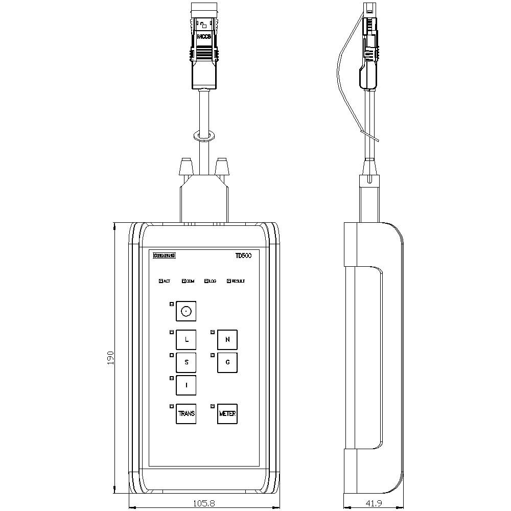 'Technische tekening van een elektronisch testapparaat met knoppen en kabelaansluitingen, weergegeven in bovenaanzicht en zijaanzicht.'