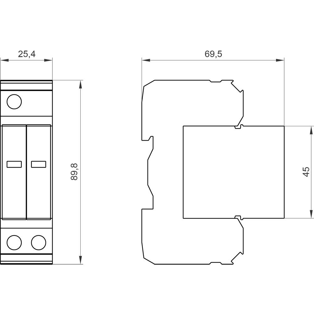 Technische tekening van een onderdeel met twee aanzichten. Afmetingen zijn 25,4 mm, 69,5 mm, 89,8 mm en 45 mm. Toont vorm en afmetingen.
