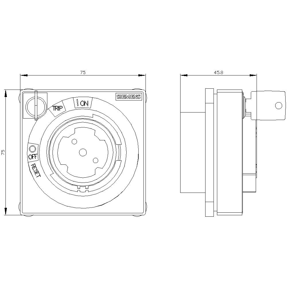 Technische tekening van een elektrisch apparaat met vooraanzicht en zijaanzicht. Gelabeld met 'TRIP', 'RESET', 'ON', 'UIT'. Afmetingen aangegeven.
