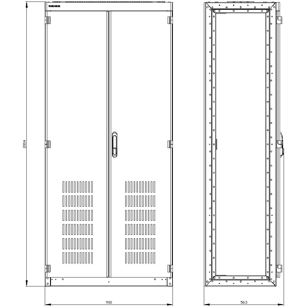 'Technische tekening van een rechthoekige kast met deuren. Afmetingen: hoogte 2104 mm, breedte 900 mm, diepte 363 mm.'