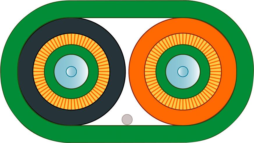 Twee cirkelvormige vormen naast elkaar, een in zwart en de andere in oranje, omlijst door een groen rechthoek. Patroon en kleuren opvallend.