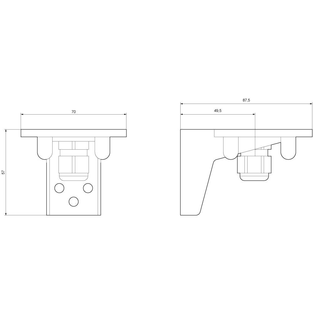 Technische tekening van een bevestigingsclip met afmetingen: Hoogte 67 mm, breedte 70 mm, diepte 87,5 mm. Zij- en vooraanzicht.