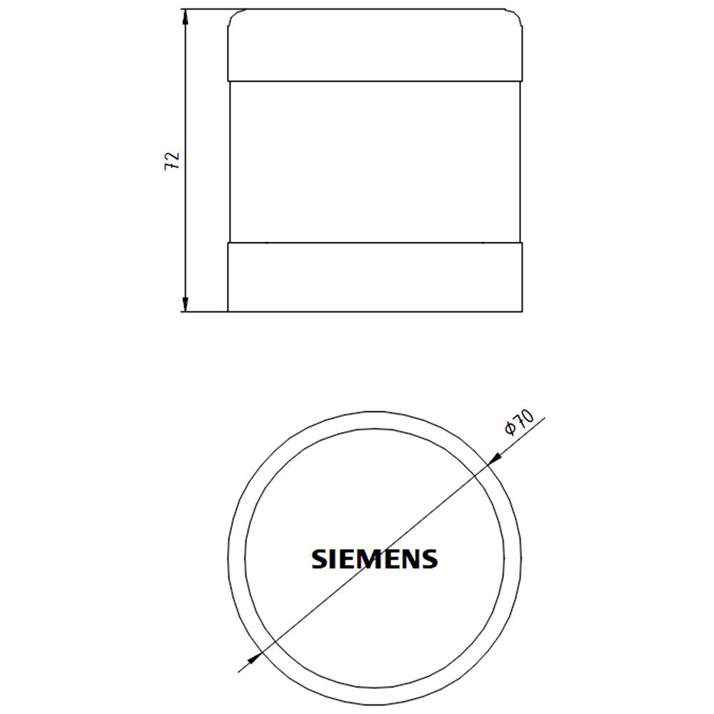 Cilindrische tekening van een Siemens-component. Bovenaanzicht toont diameter 70, zijaanzicht hoogte 72.