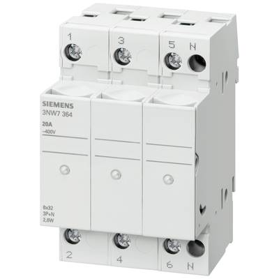 Een witte, vierpolige Siemens 3NW7 364 zekeringhouder met aanduidingen voor fase 1-3 en nulgeleider. De nominale waarde is 20A, -400V.