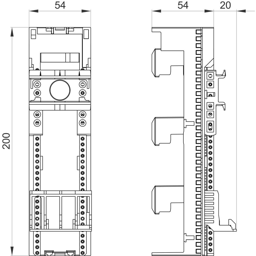 Technische tekening van een elektrische schakelaar met voor- en zijaanzicht. Afmetingen: breedte 54 mm, hoogte 200 mm.