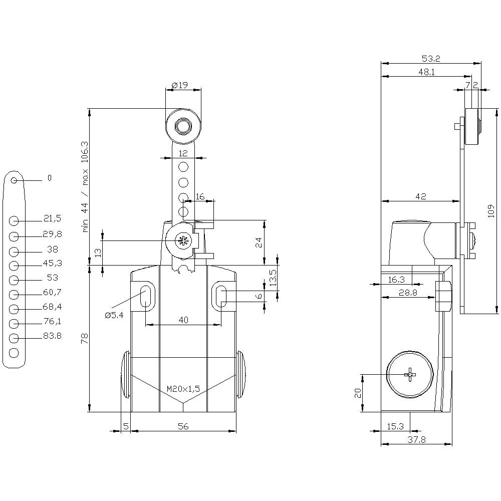 Technische tekening van een mechanisch onderdeel met afmetingen in millimeters. Vooraanzicht en zijaanzicht met detailaanzicht links.