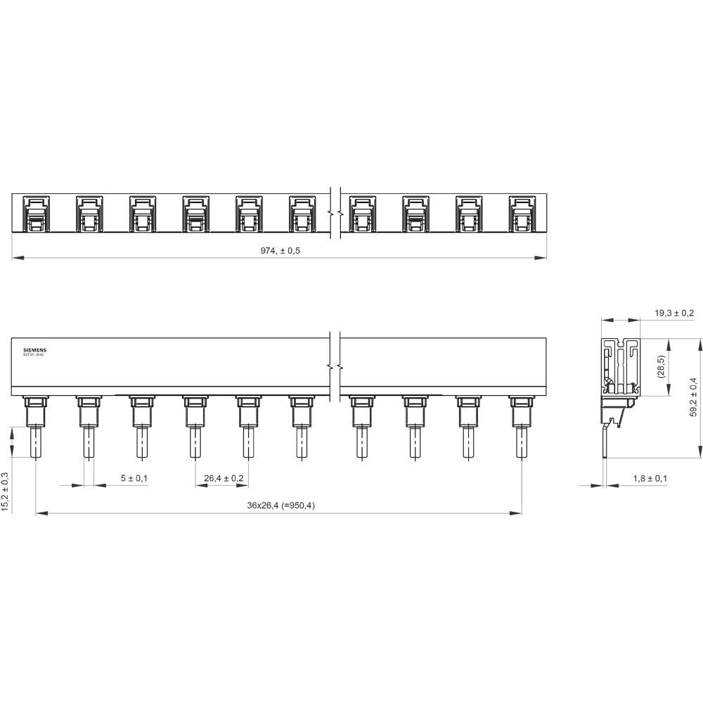 Technische tekening van een elektrische aansluiting met meerdere aansluitingen en gedetailleerde maatvoering in millimeters.