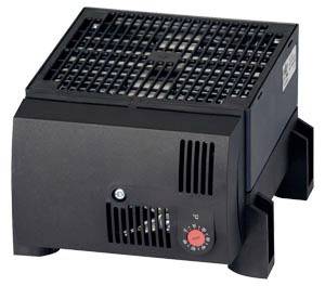 Zwarte ventilator met rooster en rode draaiknop aan de zijkant, voor temperatuurregeling in elektrische apparaten of schakelkasten.