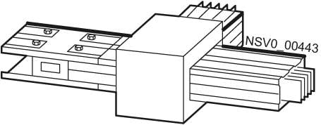 Technische tekening van een mechanisch onderdeel met rails en een centraal blok. Bovenaan staat 'NSV0 00443'.