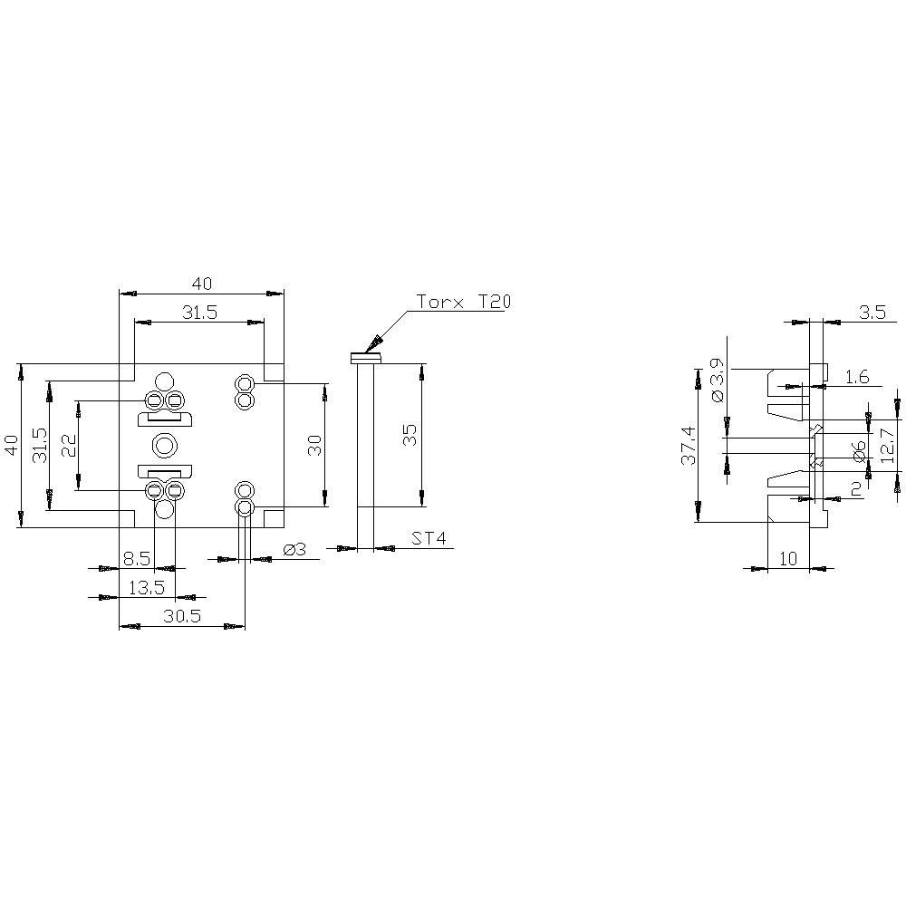 Technische tekening van een metalen onderdeel met nauwkeurige maatvoering. Bevat schroefgaten, afstandsgegevens en de aanduiding 'Torx T20'.