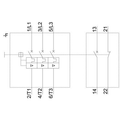 Bedradingsschema van een driefasige contactor met gemarkeerde aansluitingen 1/L1, 3/L2, 5/L3 en uitgang 2/T1, 4/T2, 6/T3.