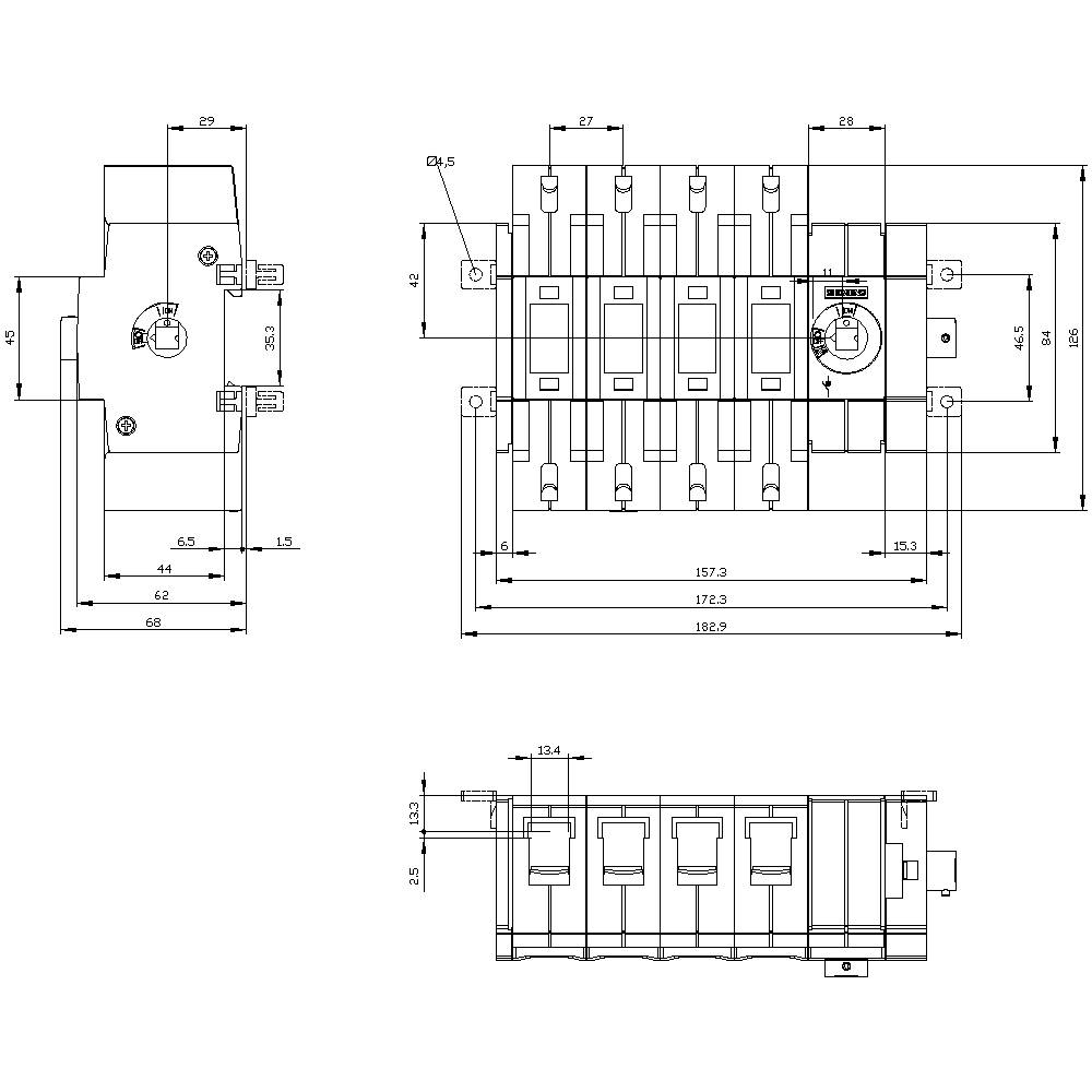 Technische tekening van een elektrische schakelaar met meerdere aanzichten, gedetailleerde afmetingen en maatvoering in millimeters.