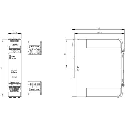 Technische tekening van een elektronisch apparaat met detailweergave en afmetingen. Bevat informatie over grootte en aansluitingen.