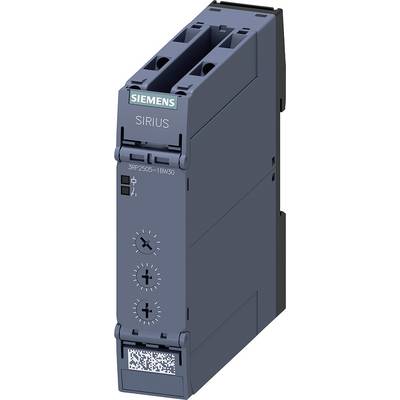 Siemens SIRIUS tijdrelais, donkerblauw behuizing, twee instelwielen aan de voorkant, QR-code onderaan.