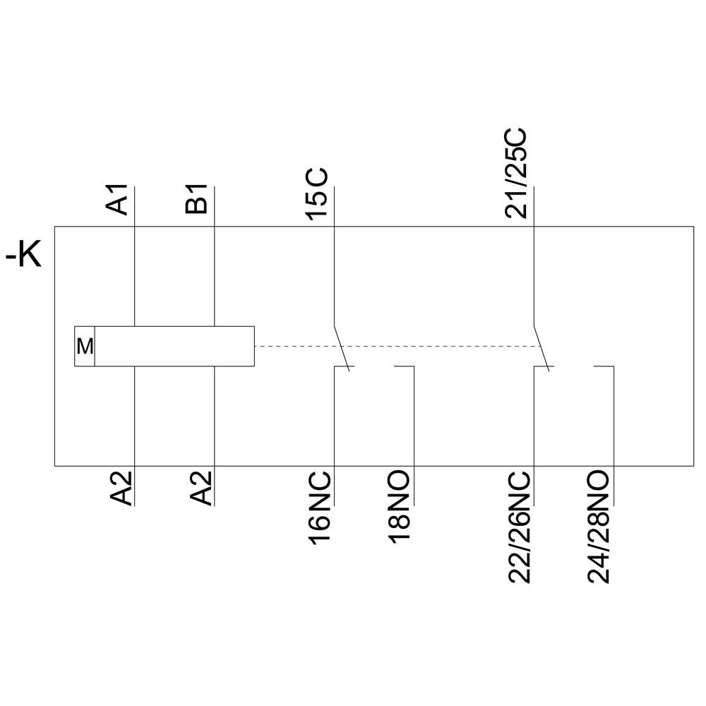 Schakelschema van een relais met aansluitingen: A1, A2, B1, 15C, 16NC, 18NO, 21/25C, 22/26NC, 24/28NO. Hoofdverbinding naar motor 'M'.