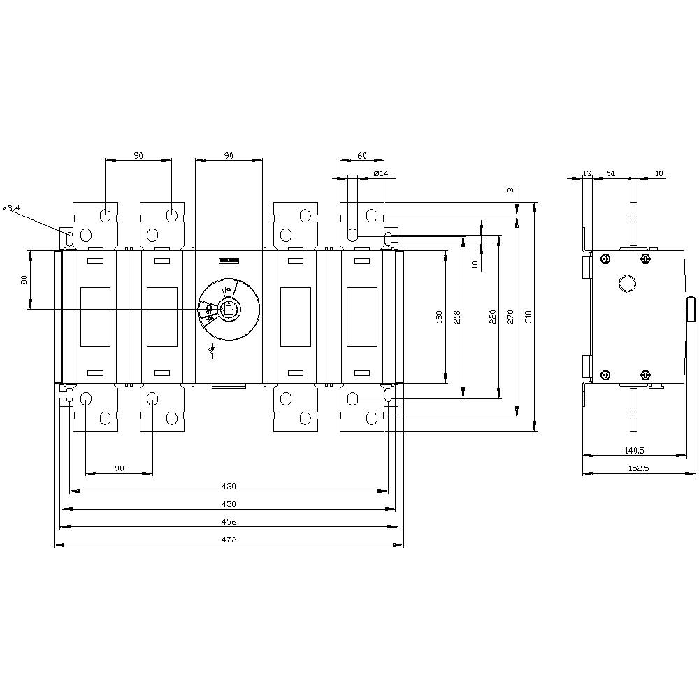 'Technische tekening van een mechanisch apparaat met afmetingen in millimeters. Gedetailleerd bovenaanzicht en zijaanzicht.'