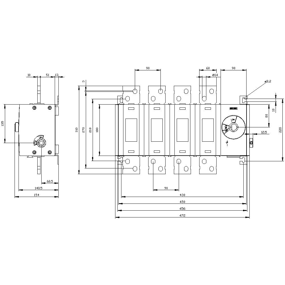 Technische tekening van een schakelaar met afmetingen. Links zijaanzicht, rechts bovenaanzicht. Maten en technische details zichtbaar.