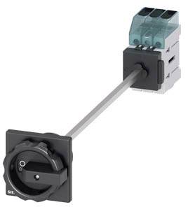 Een elektrische schakelaar met een lange hendel toont een Uit-positie. De handgreep is zwart, en het schakelmechanisme is transparant blauw.