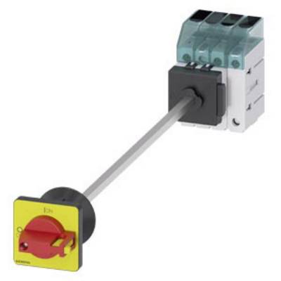Een industriële schakelaar met een rode draaiknop en een gele basis, verbonden met een elektrisch schakelapparaat.