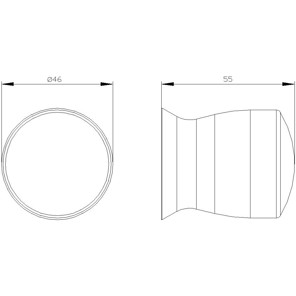 Technische tekening van een kegelvormig object. Linkerzijde toont bovenaanzicht met een diameter van 46 mm. Rechterzijde toont zijaanzicht met een lengte van 55 mm.
