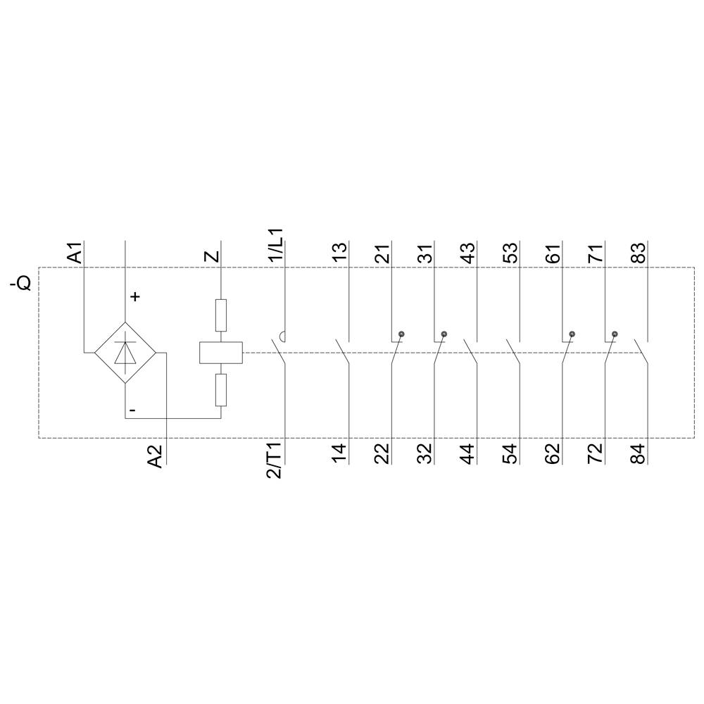 Bedradingsschema van een elektrisch apparaat, toont verbindingen tussen aansluitingen A1, A2, 1L1 en andere genummerde aansluitpunten.
